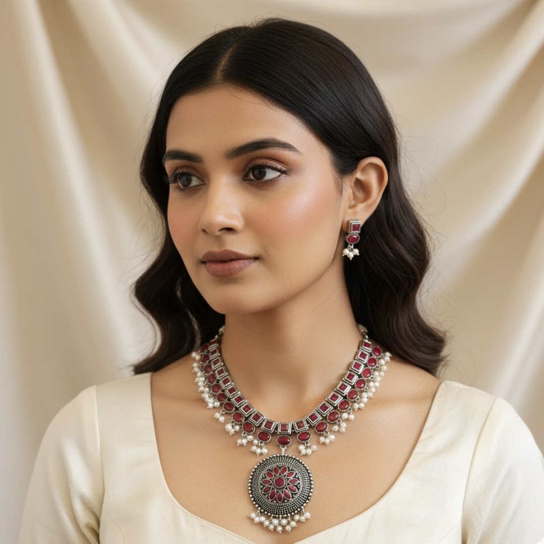Brass Green Stone Necklace with earrings
