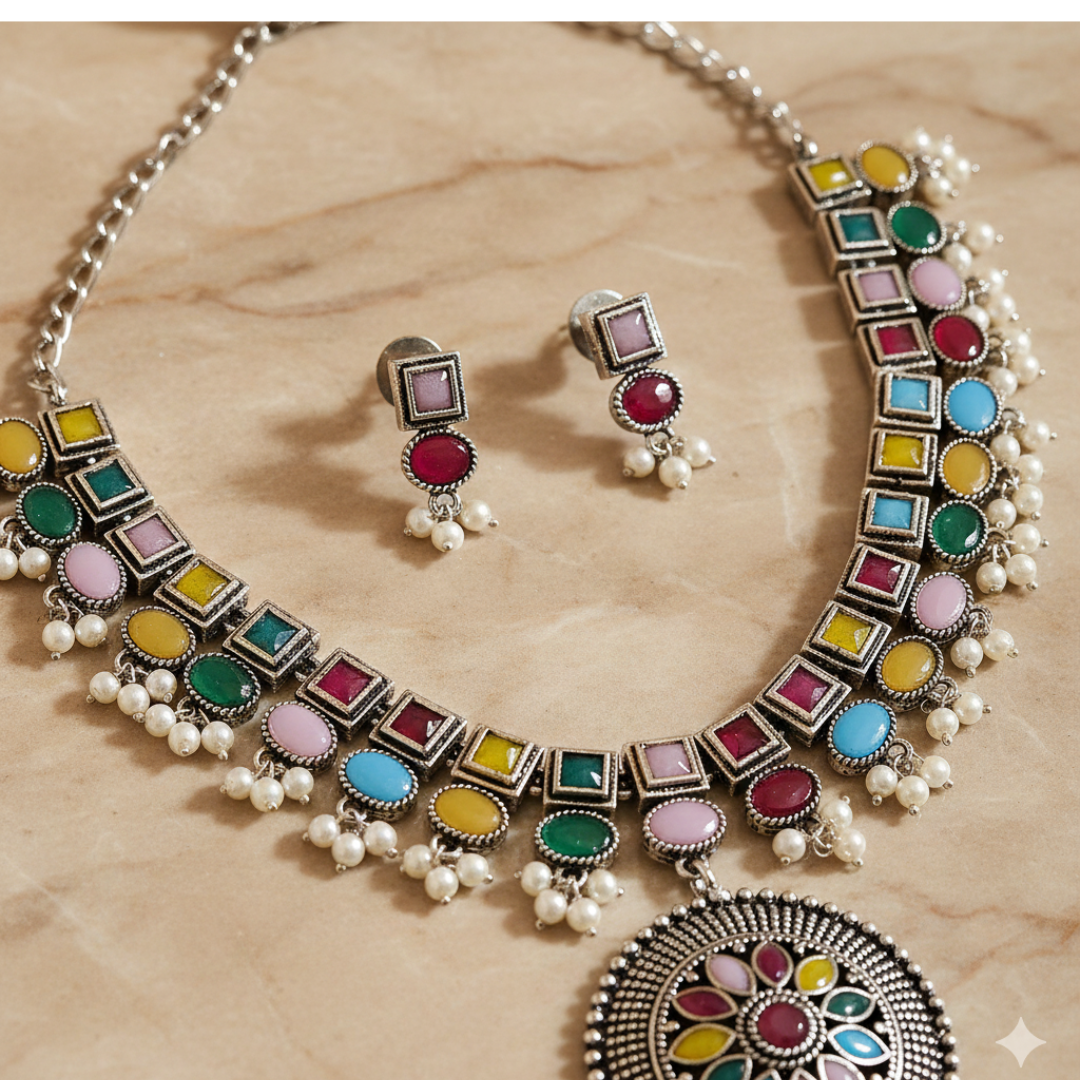 Brass Multicolour Stone Necklace Set with Pearl Drops
