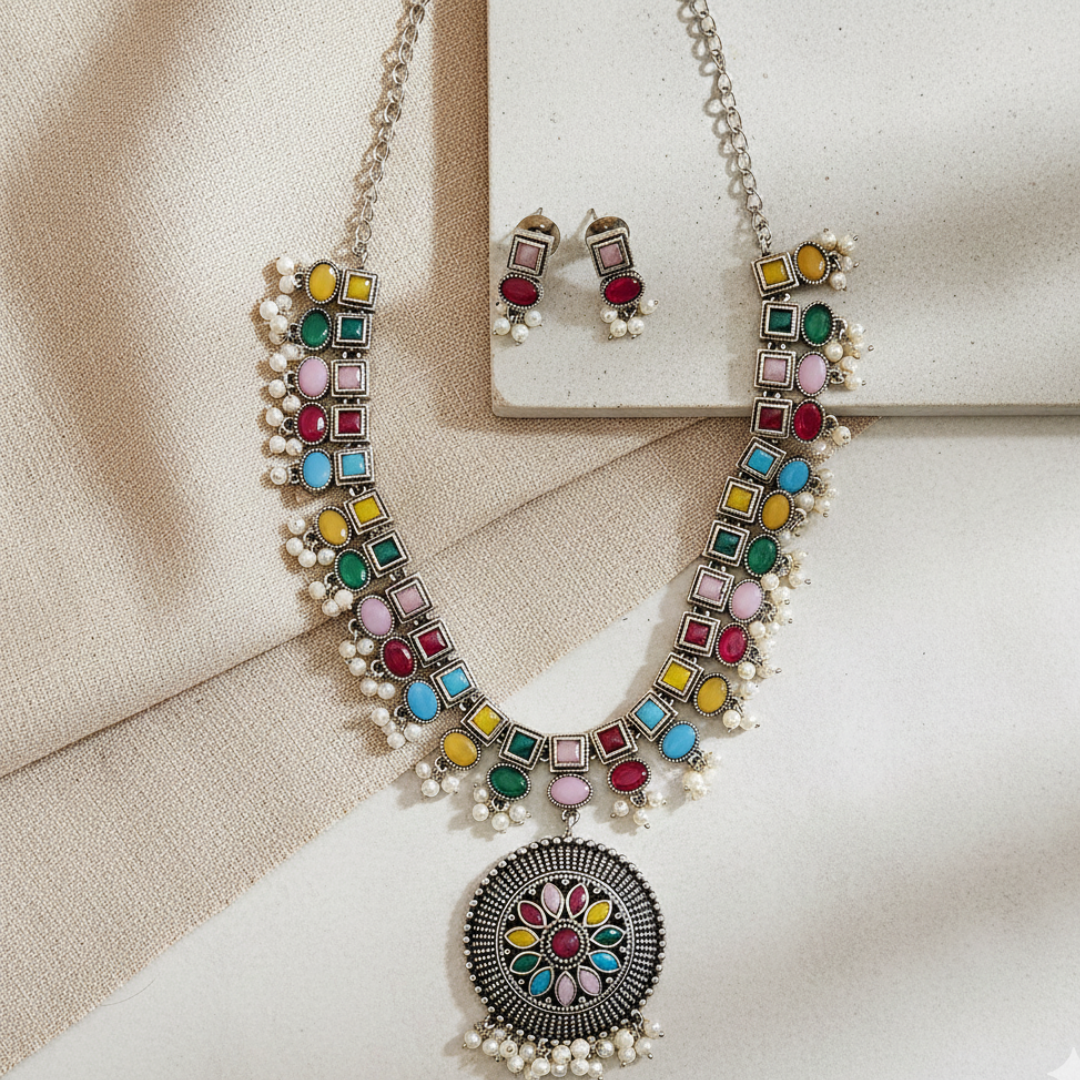 Brass Multicolour Stone Necklace Set with Pearl Drops