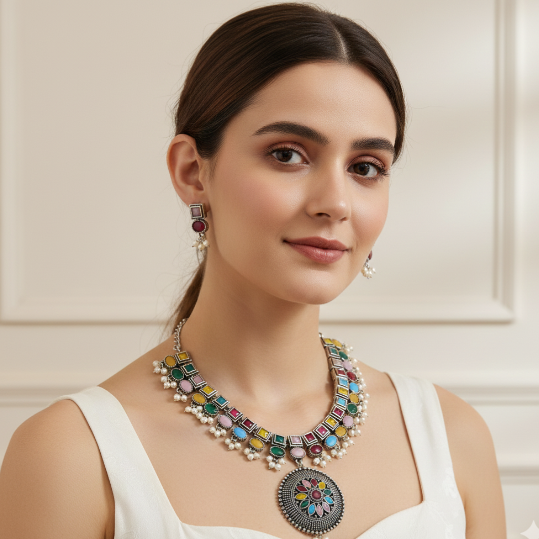 Brass Multicolour Stone Necklace Set with Pearl Drops