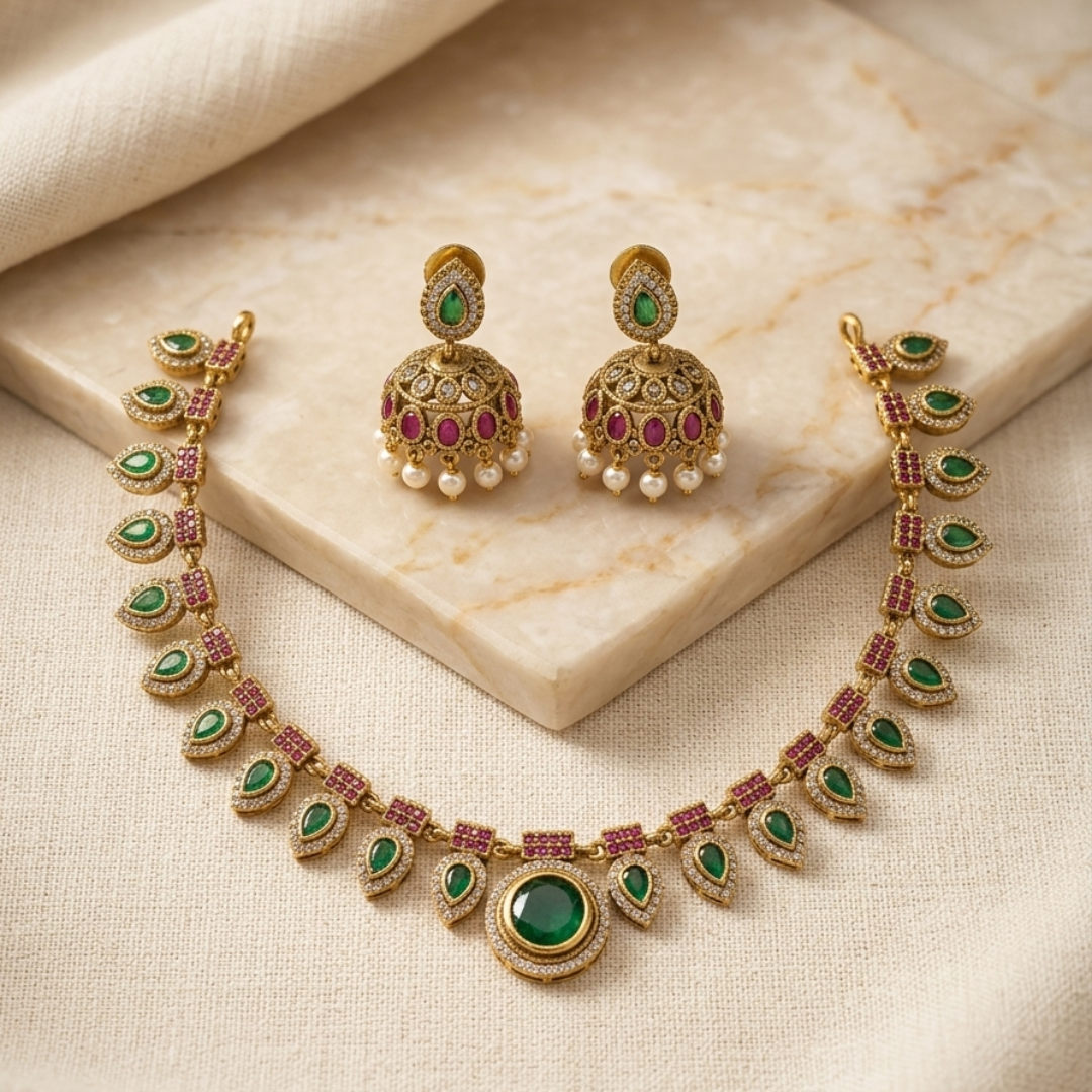 Emerald Temple Jhumka Necklace Set