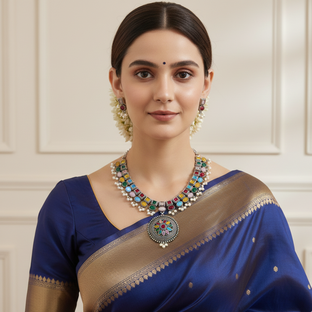 Brass Multicolour Stone Necklace Set with Pearl Drops