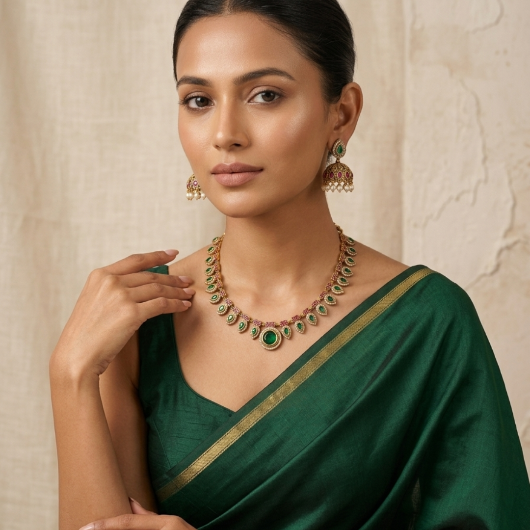 Emerald Temple Jhumka Necklace Set
