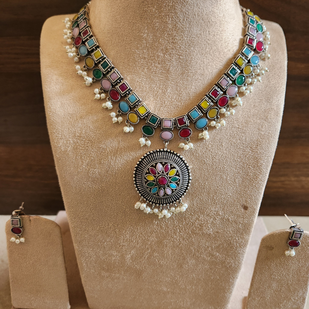 Brass Multicolour Stone Necklace Set with Pearl Drops