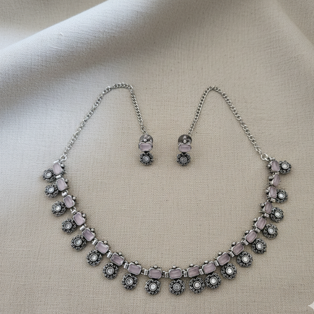 Brass Baby Pink Stone Necklace Set with Floral Drops