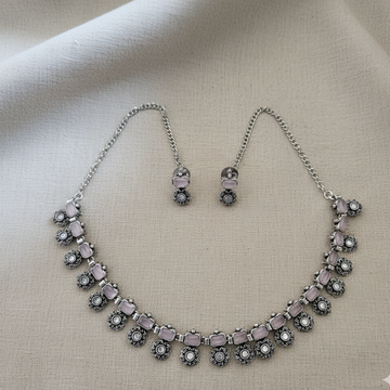 Brass Baby Pink Stone Necklace Set with Floral Drops