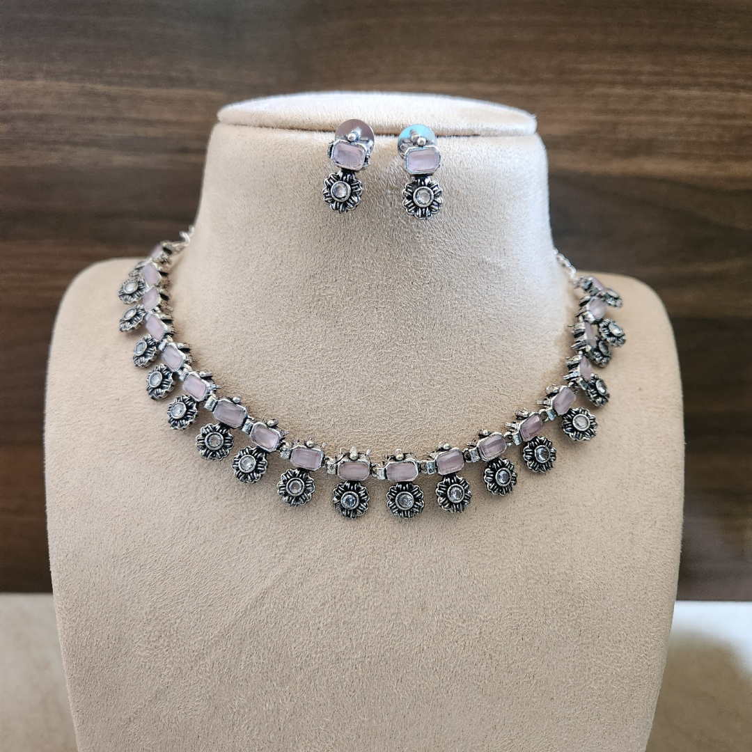 Brass Baby Pink Stone Necklace Set with Floral Drops