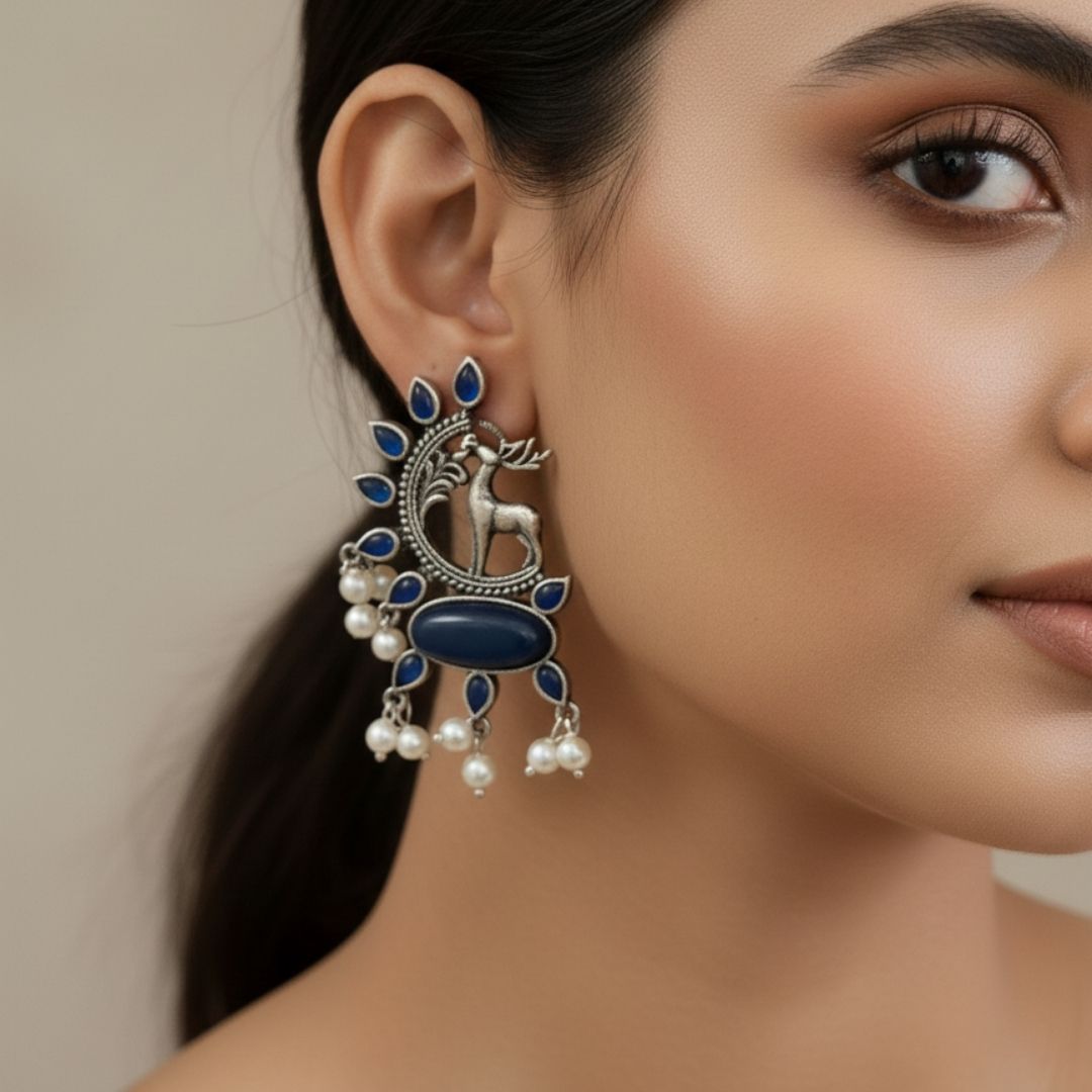 Oxidised Silver Deer Earrings with Blue Stones & Pearl Drops