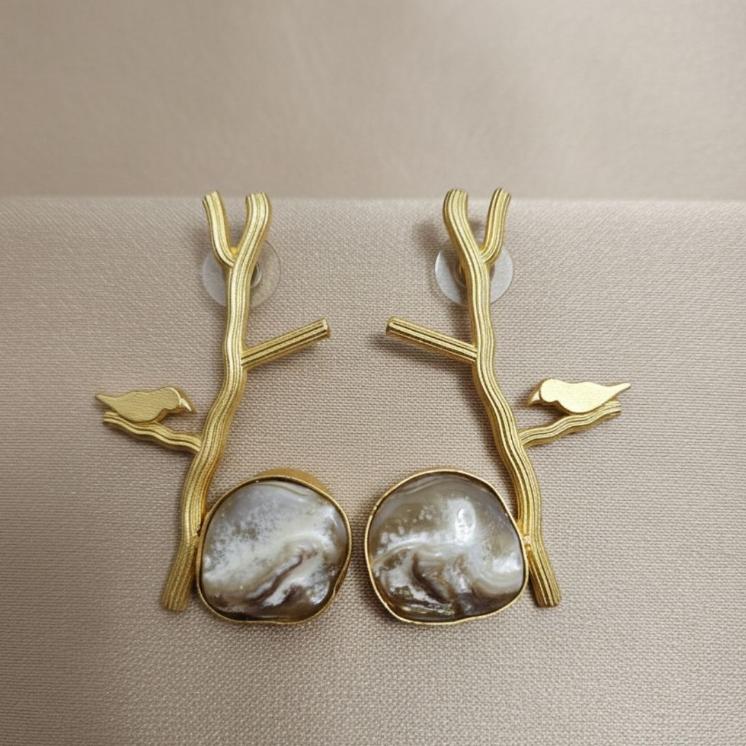 Golden Branch & Bird Statement Earrings