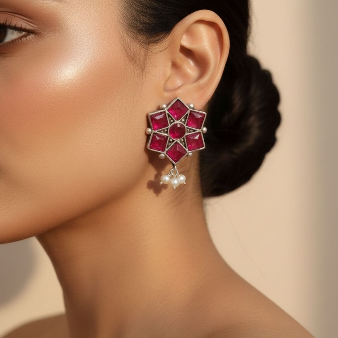 Brass Pink Floral Stud Earrings