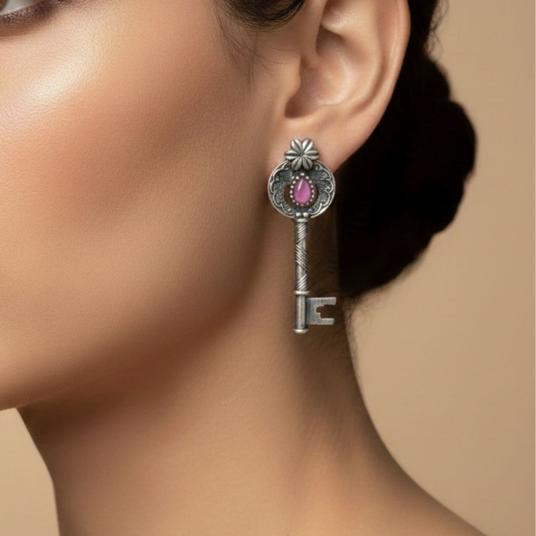 Baby Pink Vintage Silver Key Earrings