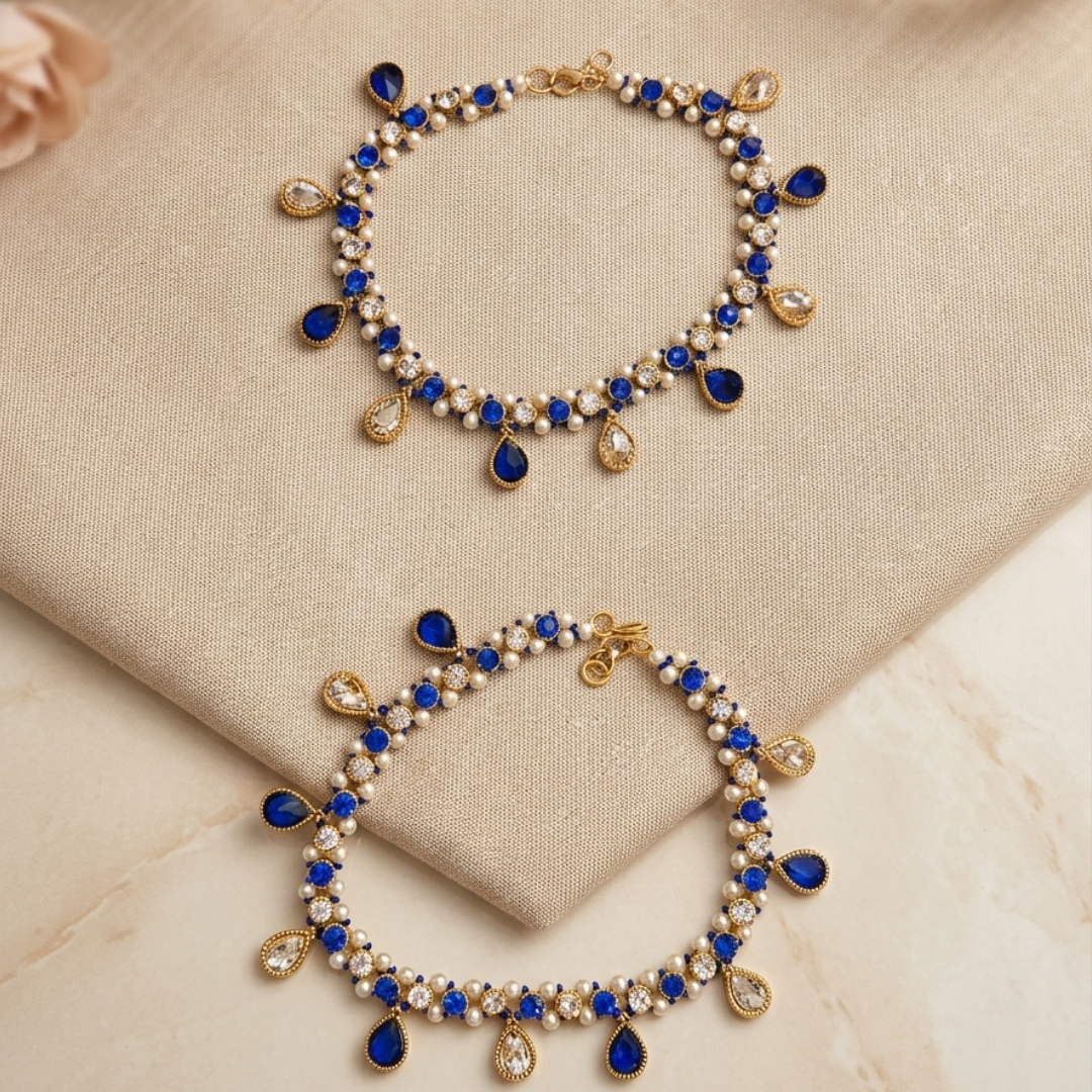 Royal Blue Kundan Pearl Bridal Anklet