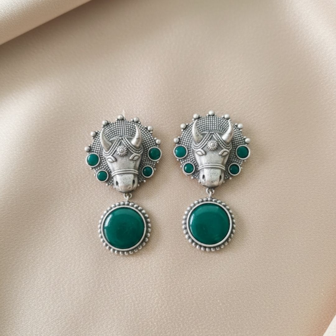 Oxidised Silver Cow Head Earrings with Green Stones