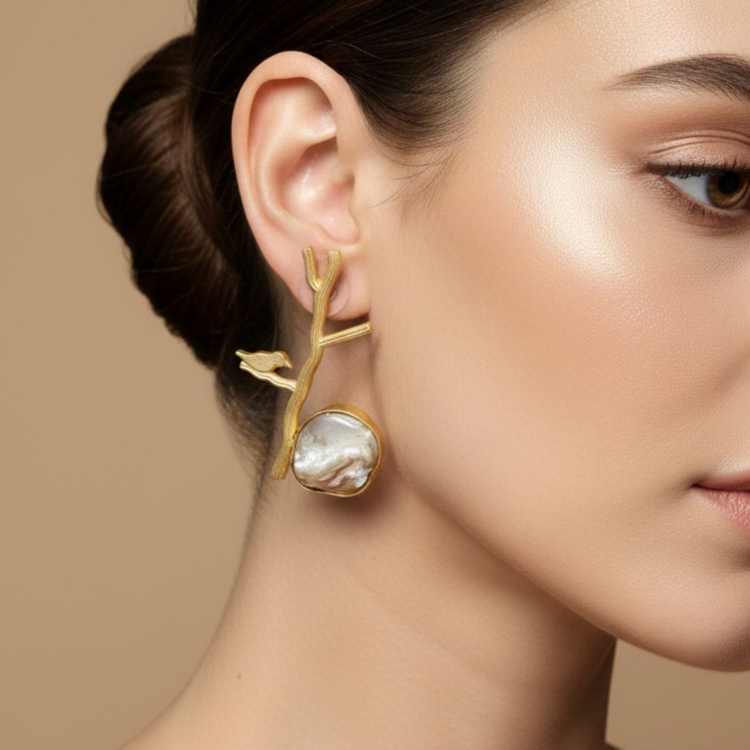 Golden Branch & Bird Statement Earrings