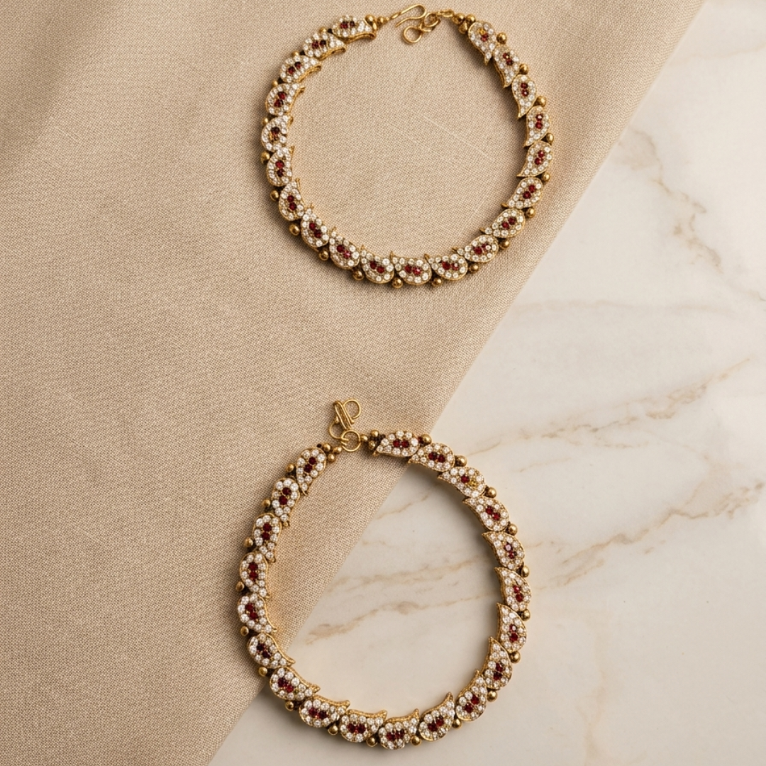 Ruby Red & White Kundan Bridal Anklet (Payal)