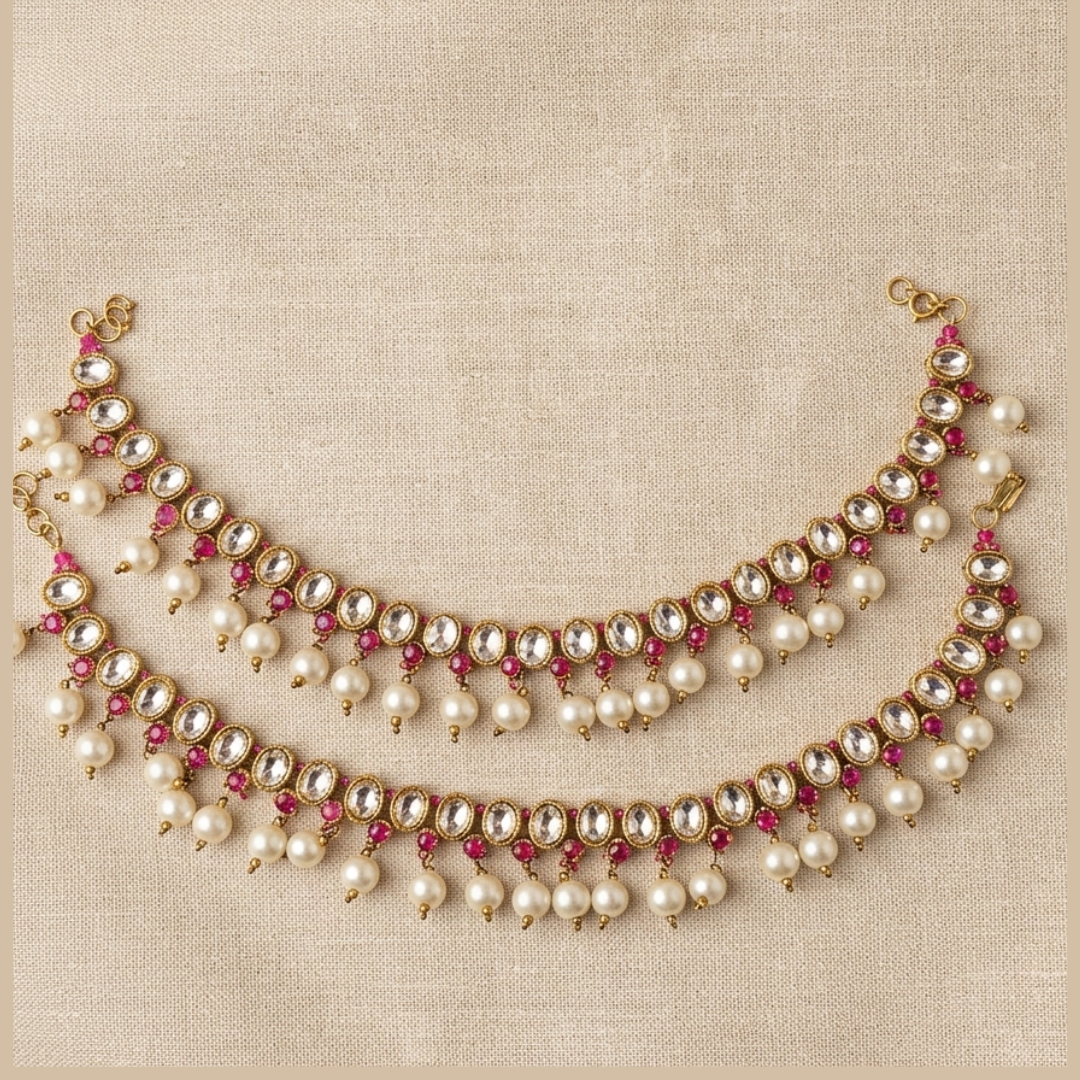 Pink Kundan Pearl Bridal Anklet (Payal)