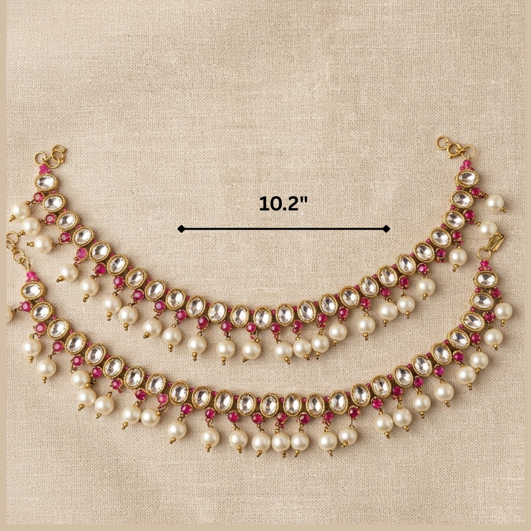 Pink Kundan Pearl Bridal Anklet (Payal)