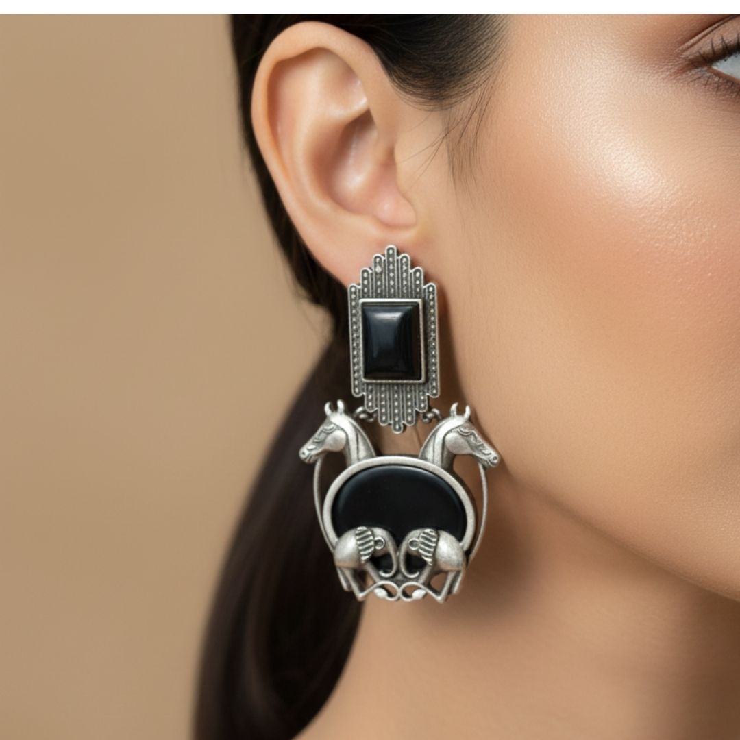 Oxidised Silver Horse Motif Earrings with Black Stones