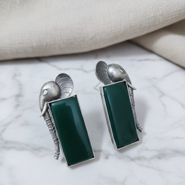 Oxidised Brass Silver Elephant Earrings with Green Stone