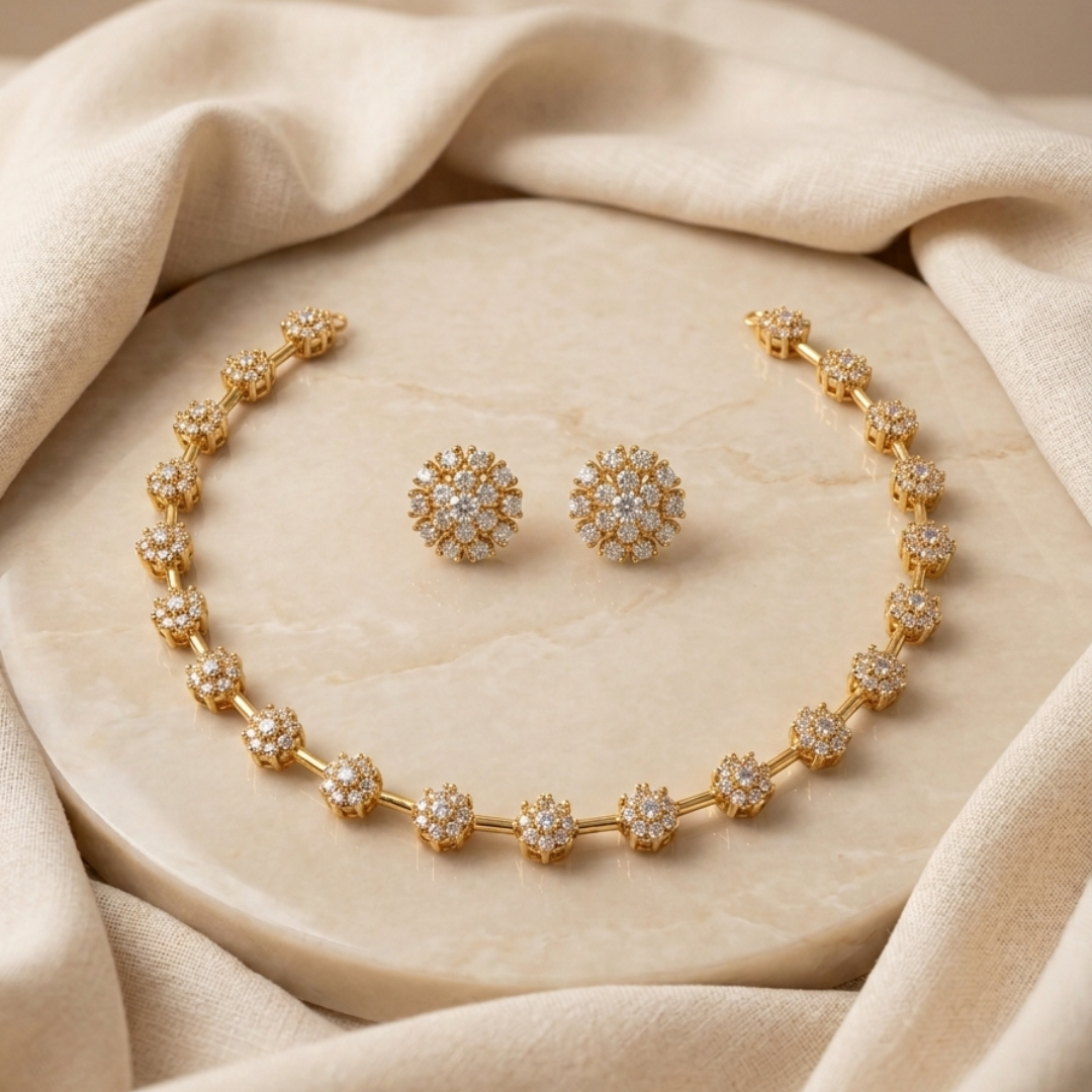 Floral AD stone Necklace & Earrings Set