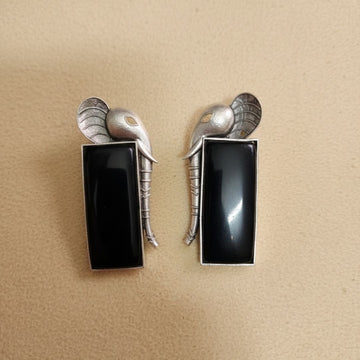 Oxidised Silver Elephant Earrings with Black Stone