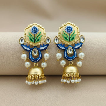 Blue & Green Hand-Painted Floral Kundan Jhumki Earrings