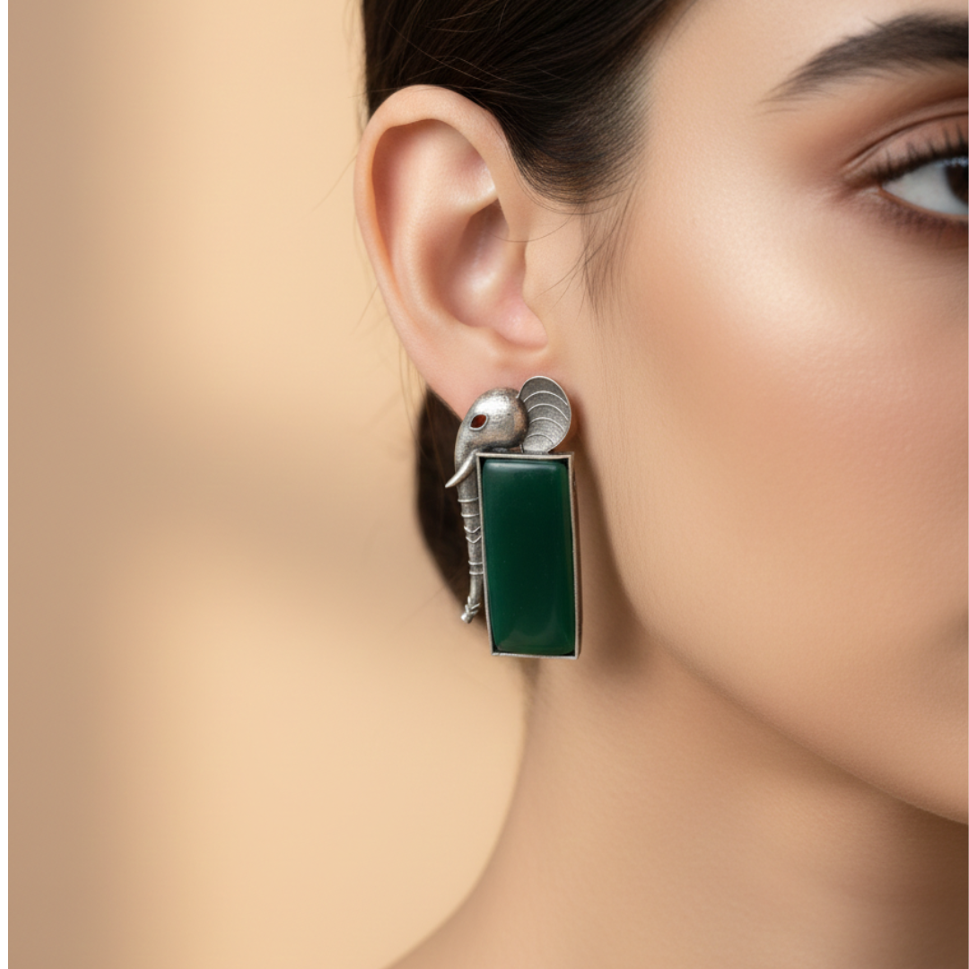Oxidised Brass Silver Elephant Earrings with Green Stone