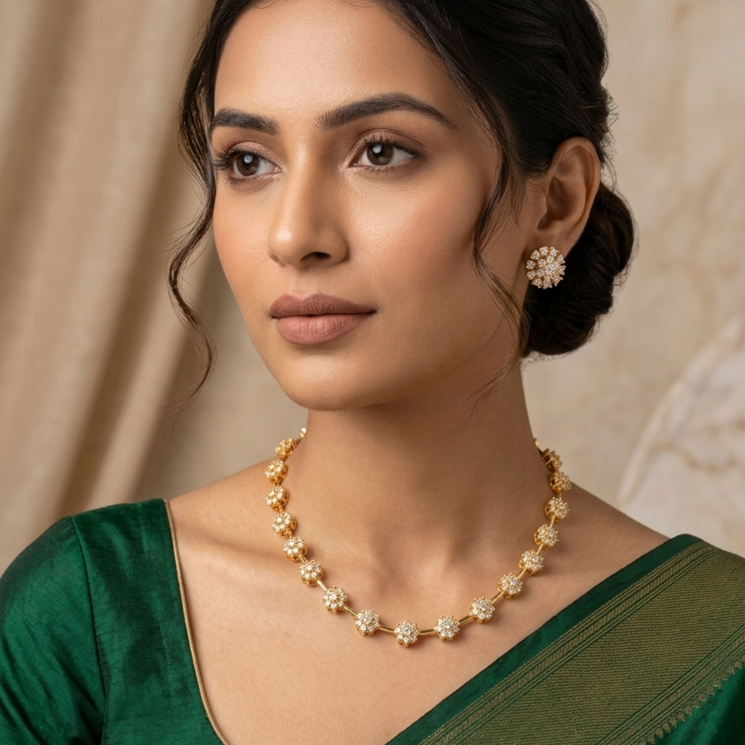 Floral AD stone Necklace & Earrings Set