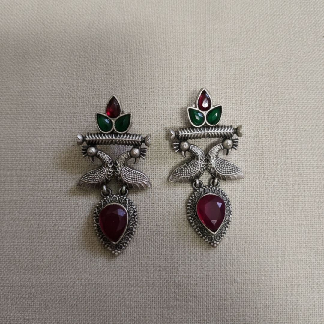 Oxidised Silver Bird Earrings with Red & Green Stones