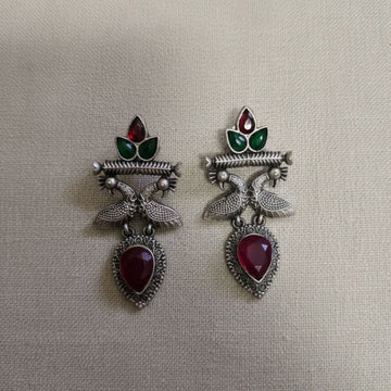 Oxidised Silver Bird Earrings with Red & Green Stones