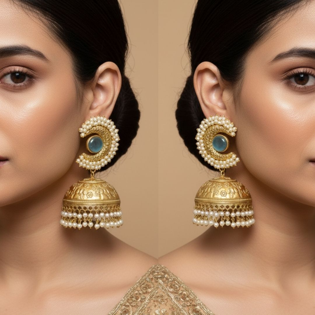 Blue Stone Brass Antique Jhumka with Pearl Layer & Horse Engraving