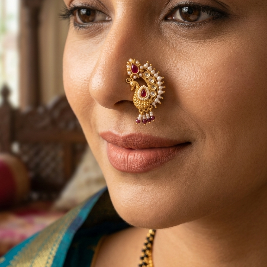 Peacock Pearl Maharastrian Nose Pin
