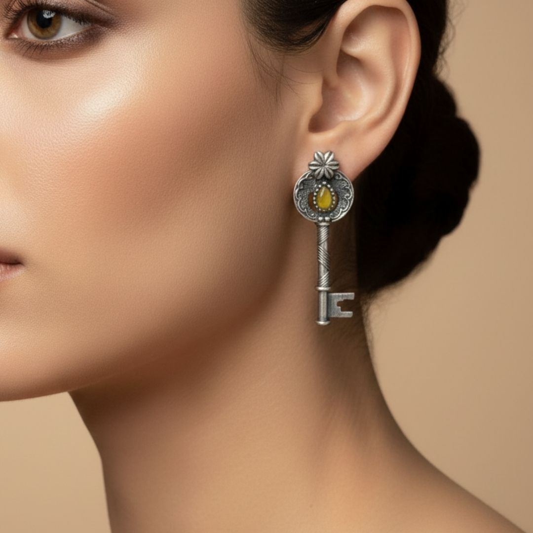 Yellow Vintage Silver Key Earrings