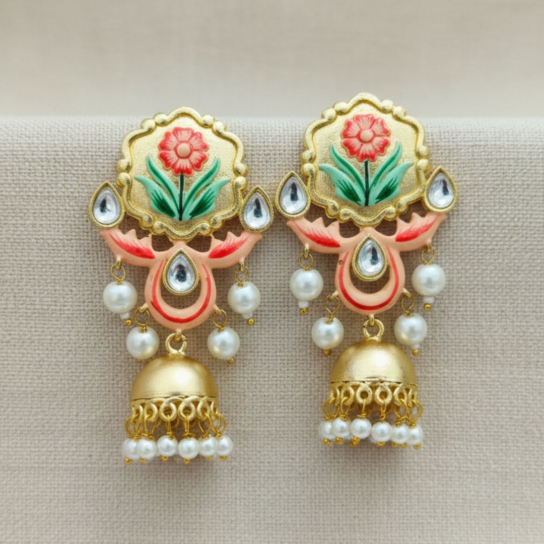 Peach & Green Hand-Painted Floral Kundan Jhumki Earrings