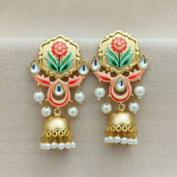 Peach & Green Hand-Painted Floral Kundan Jhumki Earrings