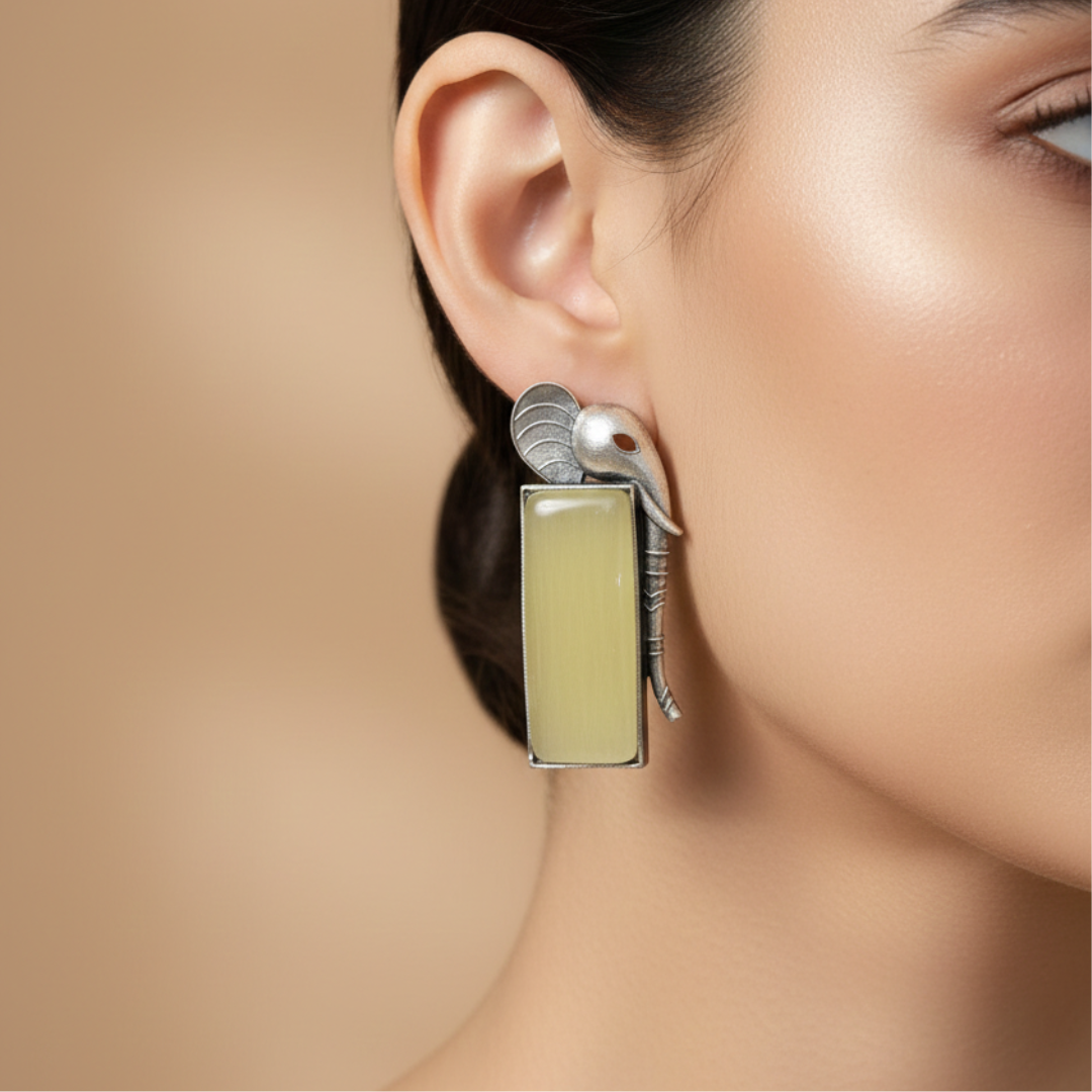 Elephant Yellow Stone Silver Brass Earrings