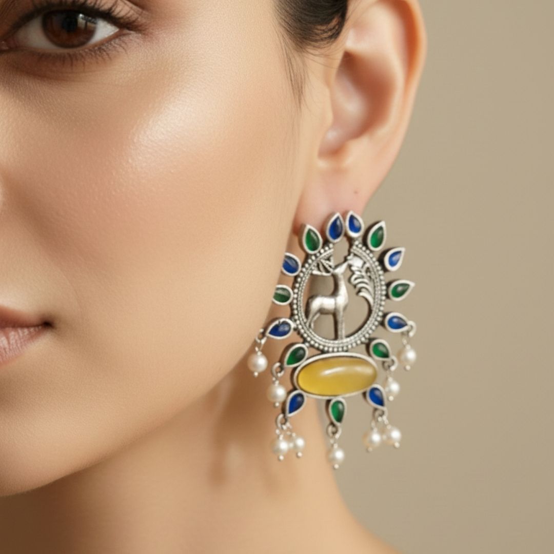 Oxidised Silver Deer Earrings with Yellow Stones & Pearl Drops