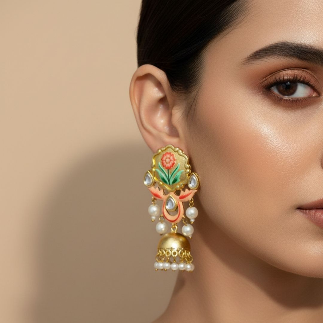 Peach & Green Hand-Painted Floral Kundan Jhumki Earrings