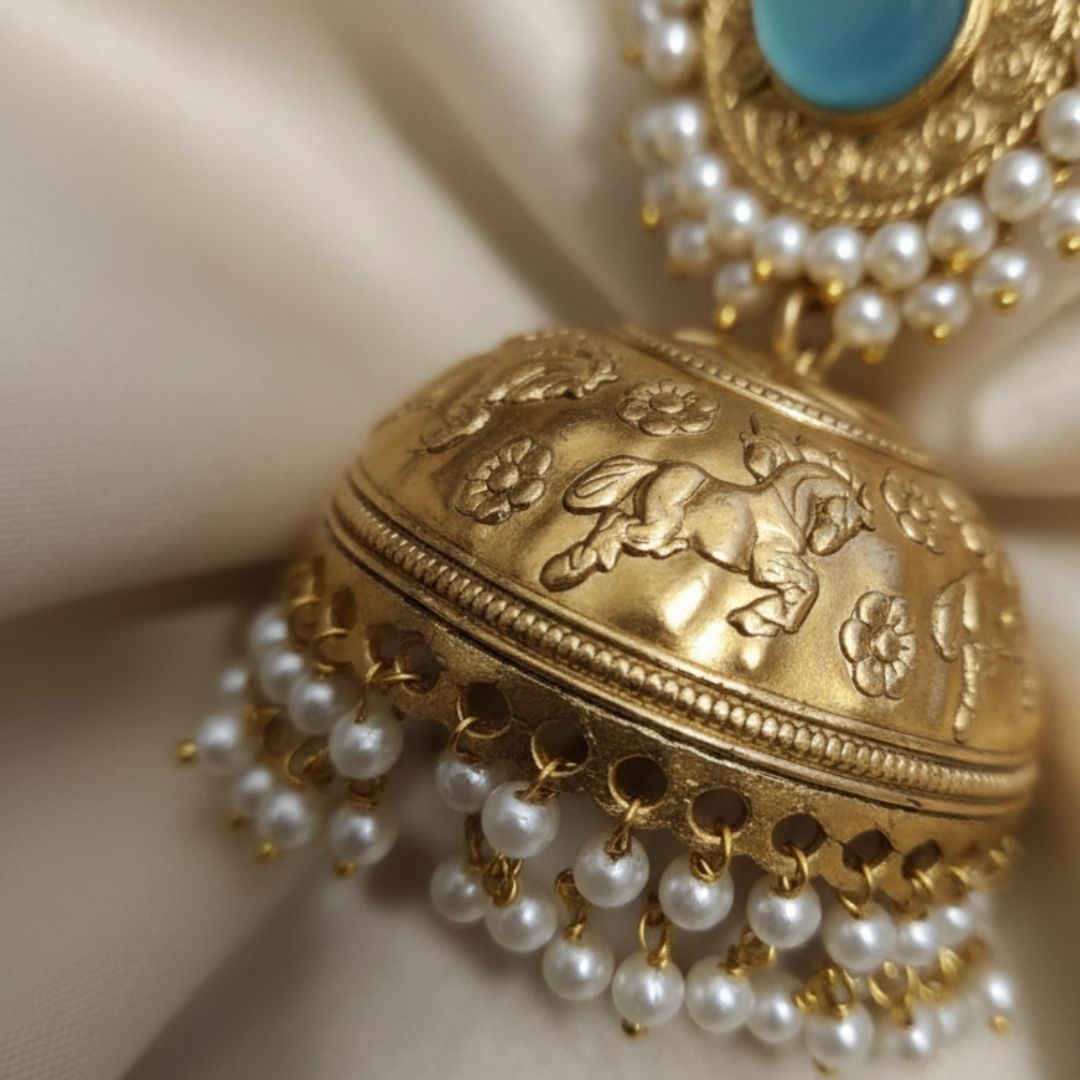 Black Stone Brass Antique Jhumka with Pearl Layer & Horse Engraving