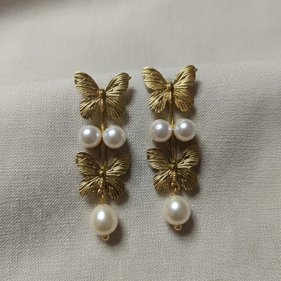Butterfly Pearl Drop Gold Brass Earrings