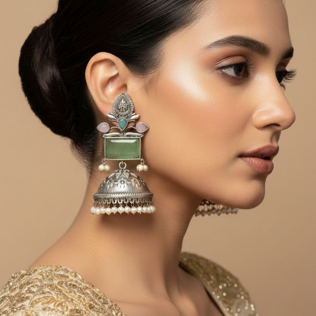 Oxidised Silver Jhumka Earrings with Green Stone & Pastel