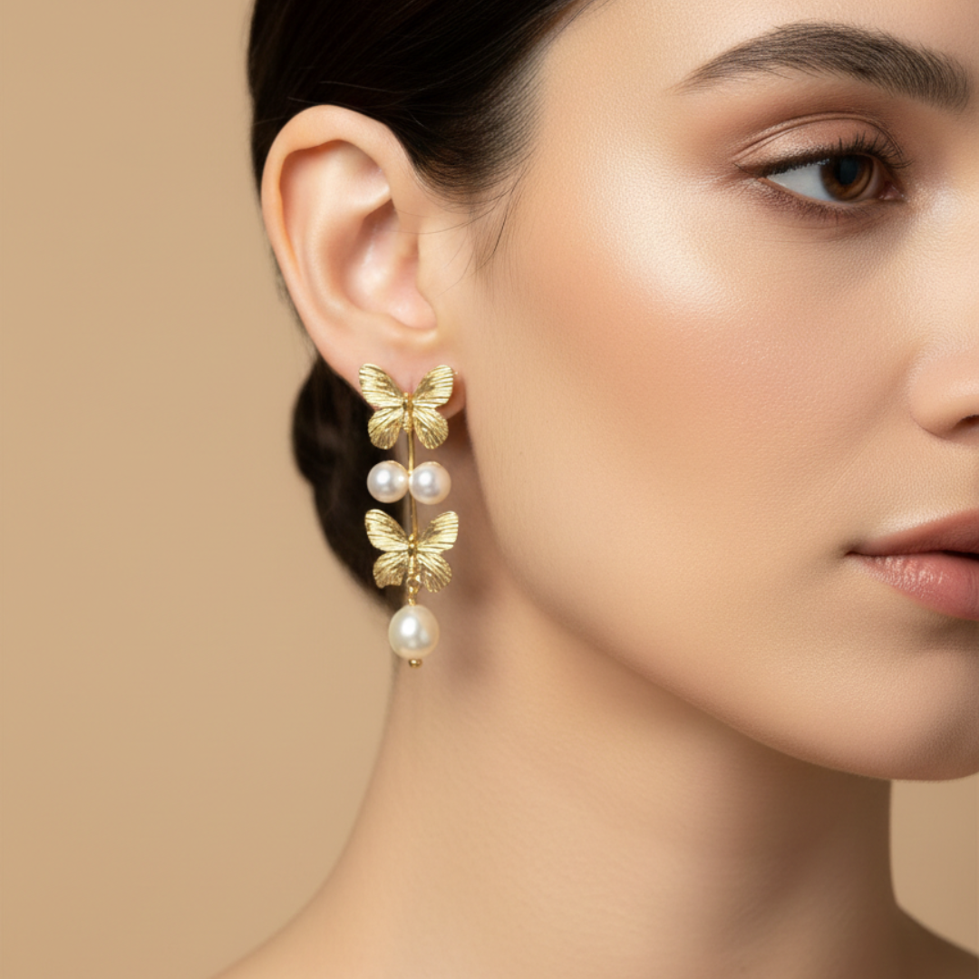 Butterfly Pearl Drop Gold Brass Earrings