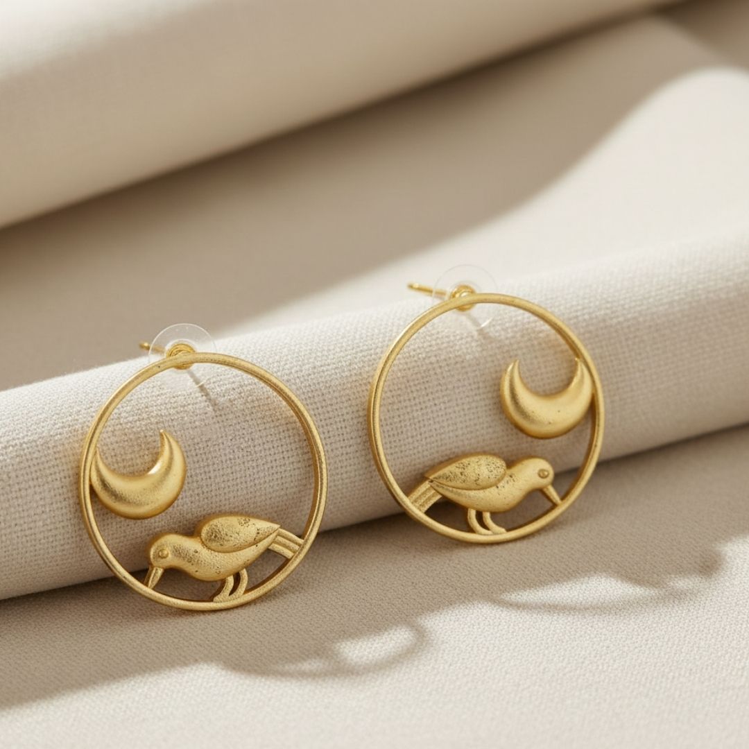 Golden Bird & Crescent Hoop Earrings