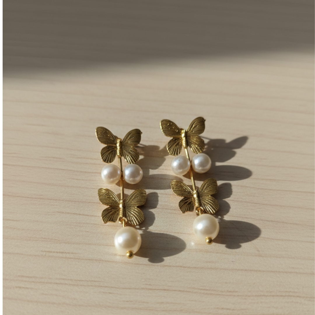 Butterfly Pearl Drop Gold Brass Earrings