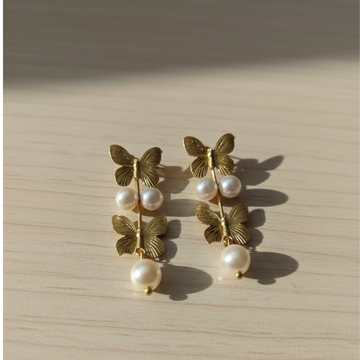 Butterfly Pearl Drop Gold Brass Earrings