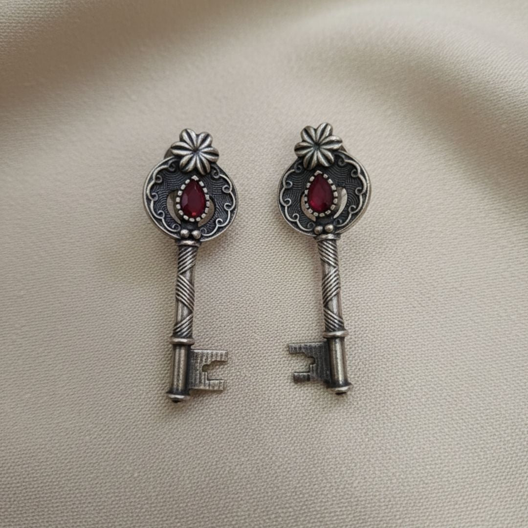 Pink Vintage Silver Key Earrings
