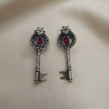 Pink Vintage Silver Key Earrings