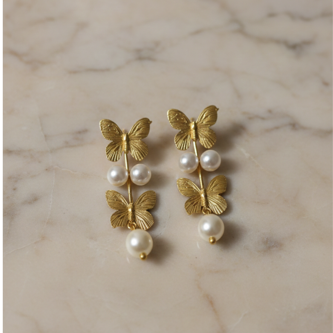 Butterfly Pearl Drop Gold Brass Earrings