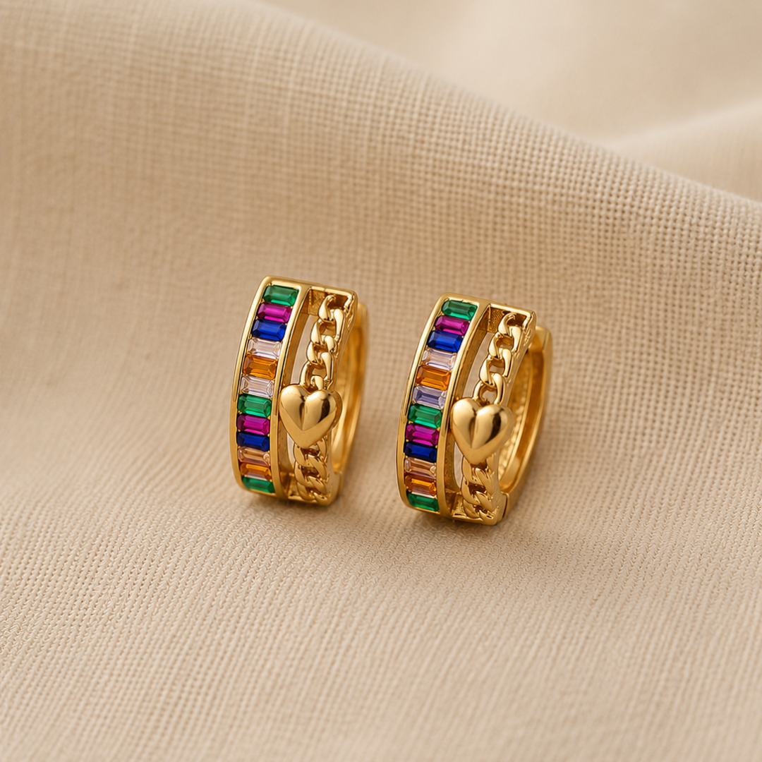 Rainbow Heart Chain Hoop Earrings
