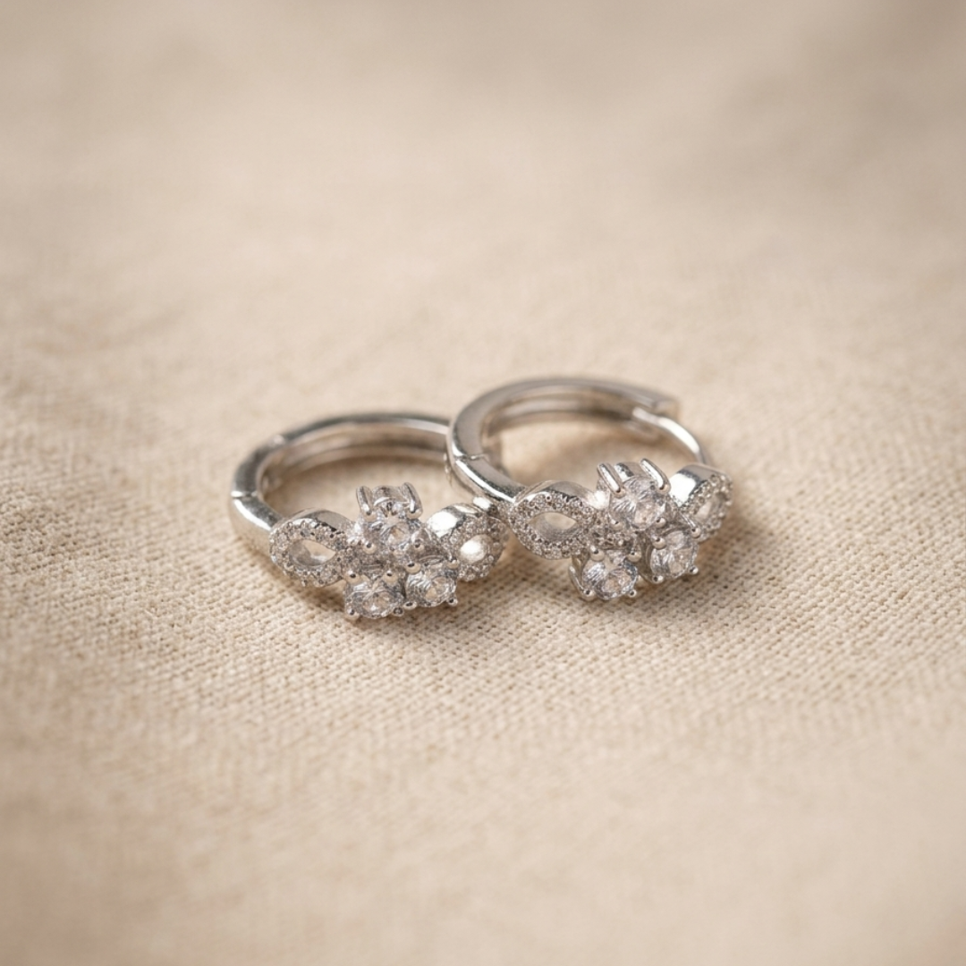 Silver Floral Crystal Hoop Earrings